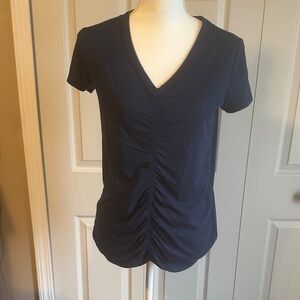 Women's Navy V-Neck Ruched Short Sleeve Tee